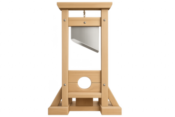 Wooden guillotine with sharp blade on transparent background