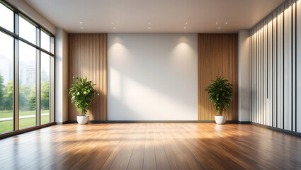 Fototapeta premium Empty modern room with large windows natural light wooden floor and two potted plants creating a bright and airy atmosphere