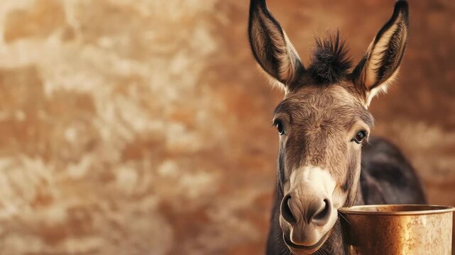Curious donkey with large ears beside bucket