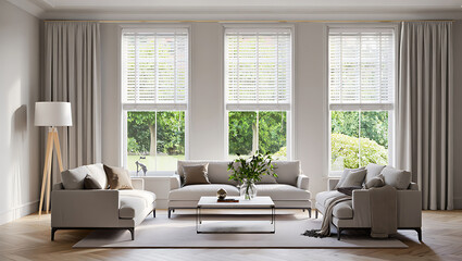 Fototapeta premium Elegant living room with large windows comfortable seating and natural light creating a serene and inviting atmosphere