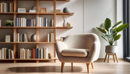 modern beige fabric armchair with integrated wooden bookshelves stylish comfortable home furniture design room interior cozy relaxing
