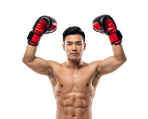 Confident shirtless Asian man in boxing gloves raising arms, displaying strong physique