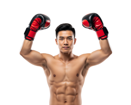 Confident shirtless Asian man in boxing gloves raising arms, displaying strong physique