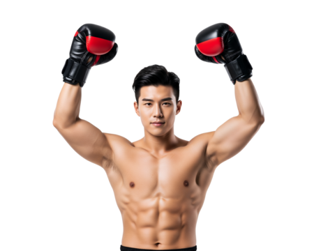 Confident Asian Male Athlete Displaying Toned Physique and Raised Boxing Gloves.