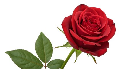 Stunning vibrant red rose bloom with lush green leaves captured in exquisite detail, perfect for romantic or elegant designs
