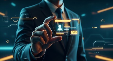 QFS digital identity concept. A clean, holographic ID card with verified user information for the secure Quantum Financial System.