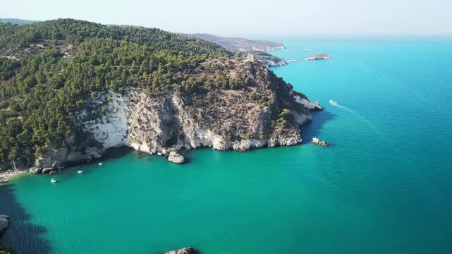 Aerial view of the coastline of Gargano National Park, Puglia, Italy.