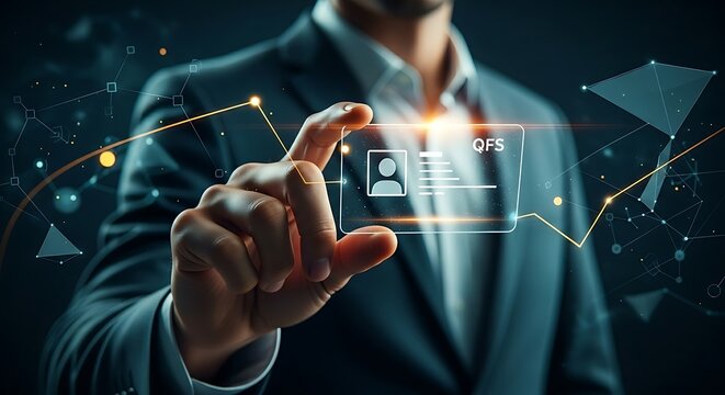 QFS digital identity concept. A clean, holographic ID card with verified user information for the secure Quantum Financial System. - Powered by Adobe