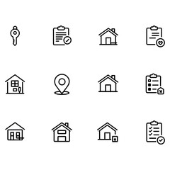 Obraz premium Clean and modern vector real estate property house home buying selling checklist location key vector icons set for web and print design