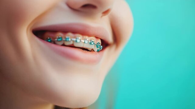 Close-up of smiling woman with braces on teeth