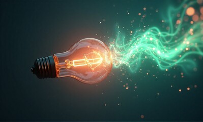 An illuminated light bulb emits brilliant orange light, accompanied by dynamic green energy streams, symbolizing powerful ideas and innovation.