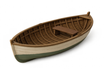 Empty wooden rowing boat with a seat floating on transparent background