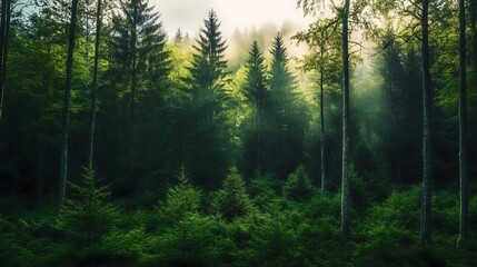 Dense misty coniferous forest with sunlight rays filtering through tall spruce and fir trees creating dramatic atmospheric lighting in temperate woodland ecosystem