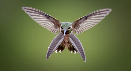 Obraz premium Magnificent hummingbird hovering in mid-flight with wings fully spread displaying detailed feather patterns against soft green background
