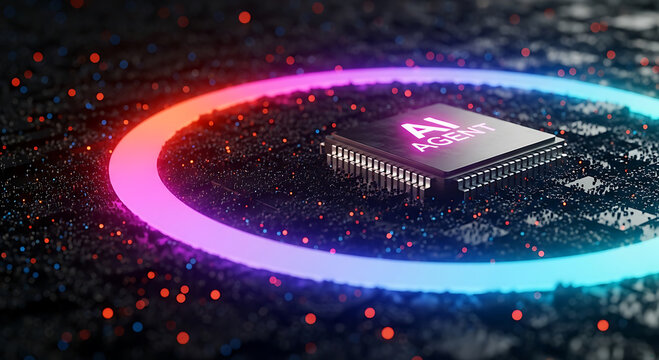 Close up of a central processing unit chip glowing with vibrant pink and blue neon light in a futuristic digital circuit board environment