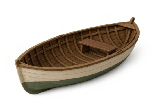 Empty wooden rowing boat with a seat floating on transparent background