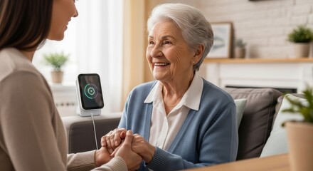 Senior caucasian woman receiving remote healthcare consultation through smartphone telemedicine device while caregiver holds her hands in bright modern living room