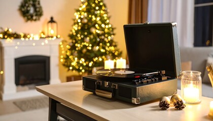 Festive record player in cozy living room