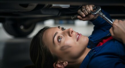 Young Asian woman mechanic lying under car holding wrench tool working in automotive garage repair shop