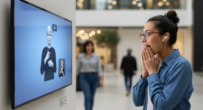 Asian woman with glasses and wireless earbuds interacting with AI virtual avatar display screen in modern shopping mall technology exhibition