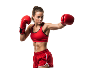 Confident female boxer in red gear delivering a powerful punch during an intense training session