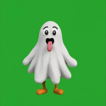 Cartoon ghost animation with tongue sticking out, transparent green screen background, square 1080p video, loop-ready stock footage, AI-generated