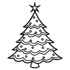 Vector art of a festive line drawing of a christmas tree decorated with ornaments and a star, isolated on white background, perfect for holiday themes