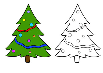 Christmas tree in two versions: colored and outline. Great for festive designs or as a fun holiday coloring page for kids. Perfect for cards, printables, or craft projects.