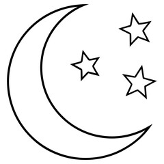 Vector art of a crescent moon shines brightly alongside three twinkling stars, isolated on white background