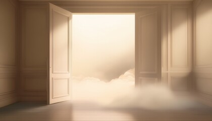 Fototapeta premium design motif for contemplative spaces fog white and beige partial entry view window facing slow time air disturbance near closed door matte over gloss drift nostalgic dread