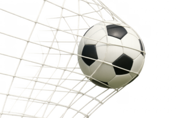 Soccer ball hitting the net goal with transparent background