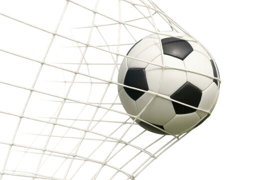 Soccer ball hitting the net goal with transparent background