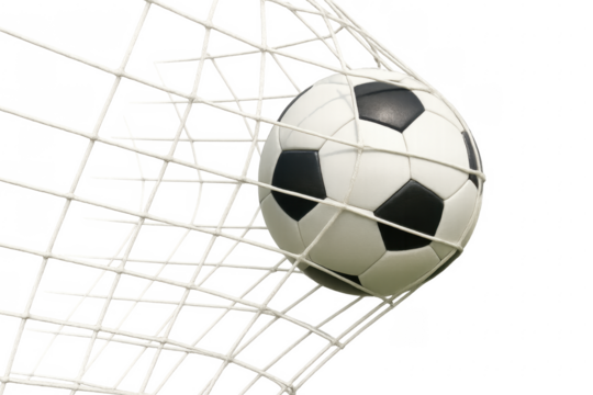 Soccer ball hitting the net goal with transparent background