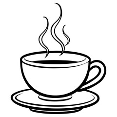 Vector art of a steaming cup of coffee sits on a saucer, promising a warm and invigorating start to the day, isolated on white background