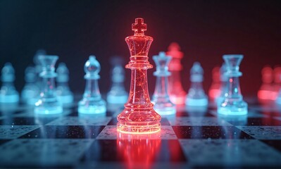 A luminous red king stands prominently on a chessboard, surrounded by other glowing translucent pieces in a dramatic, strategic setup.