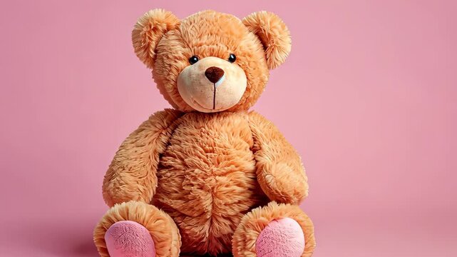 Teddy Bear's Charm: A plush teddy bear sits poised against a warm pink backdrop, offering a comforting and delightful presence, resonating with themes of childhood and gentle moments.