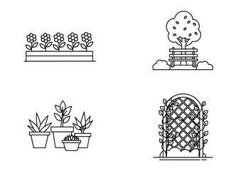 Four garden elements including flowers in a planter, bench with a tree, potted plants and an arbor with vines