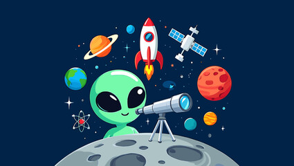 Naklejka premium Cartoon alien observing space with a telescope from a moon with planets and a rocket around it