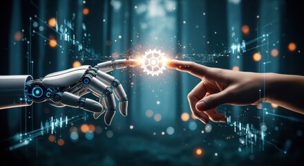 Humanity and artificial intelligence collaboration depicted by hands touching in cyberspace