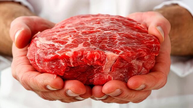 Fresh Cut of Meat: A close-up shot of a raw, prime cut of beef, delicately held in a person's hands, showcasing its vibrant red color, marbling, and freshness.