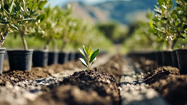 Young olive saplings planted in rows, ready for growth.  A focus on new beginnings and agriculture.