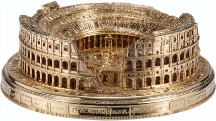 Gold Miniature Model of the Colosseum with Detailed Architectural Features