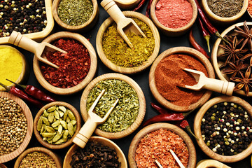 Colorful mix of herb and spice varieties: curry and coriander, turmeric and cumin, paprika and pepper, mustard and salt, cardamon and oregano and saffron. Selective focus, shallow DOF