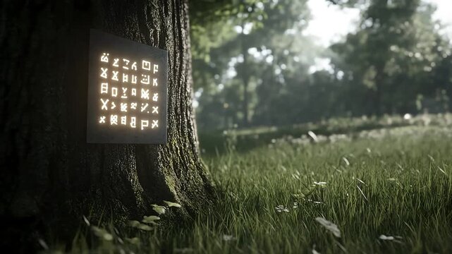Illuminated glyphs on a tree trunk in a forest