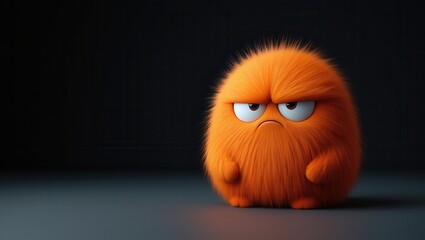 Fototapeta premium Small furry orange monster standing on dark gray surface with dark gray background looking angry with furrowed brows and pursed lips, 3d render