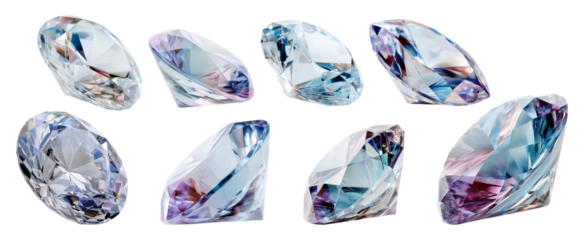 Set of eight diamonds featuring round and trillion cuts, captured in macro detail from angled and top-down views with cold-spectrum fire in blue and violet, isolated on transparent background
