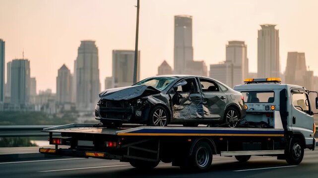 Damaged car from accident being transported on a tow truck along a city highway at sunset, vehicle recovery footage.