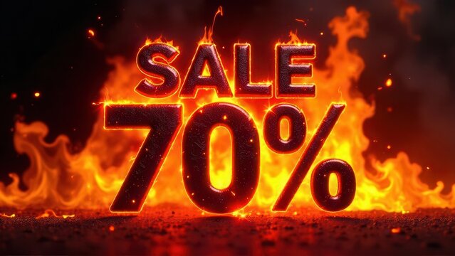 Seventy percent discount offer burning in flames with sparks and dark background representing hot deals and big price reductions for shopping and retail marketing campaigns