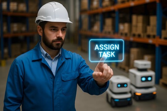 Warehouse worker pointing at an ASSIGN TASK icon with a robot in the background. The warehouse environment showcases logistical and technological advancements