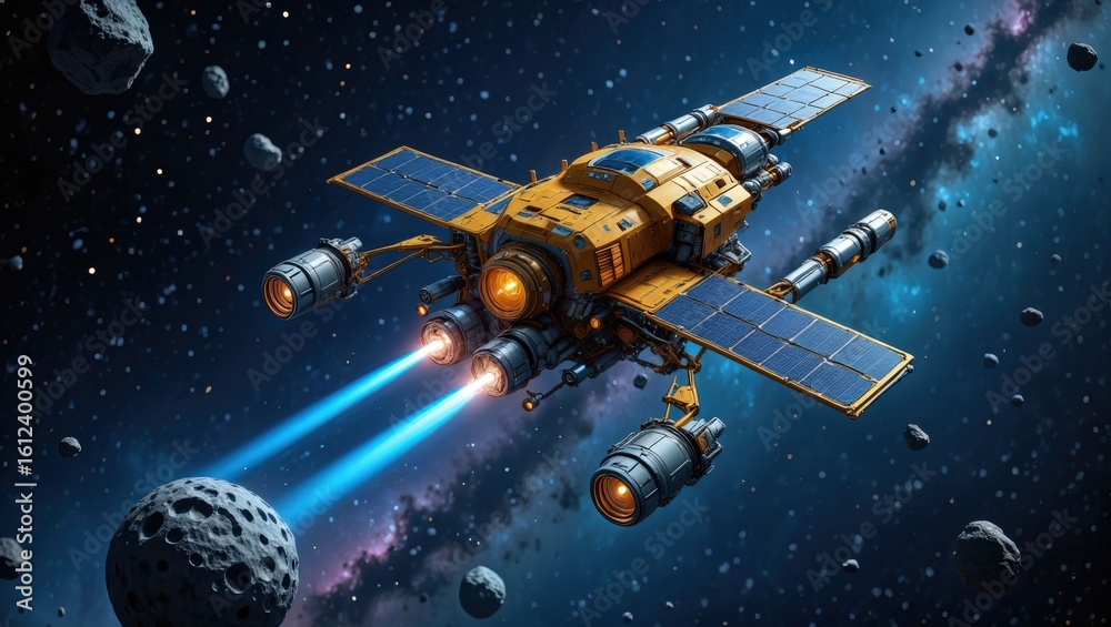 Wall mural futuristic spaceship with solar panels is navigating through an asteroid field in deep space, its en